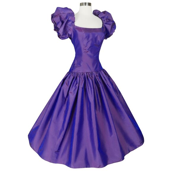 Vintage 80s Purple Puff Sleeve Taffeta Bow Full Skirt Prom Gown Party Dress  XS